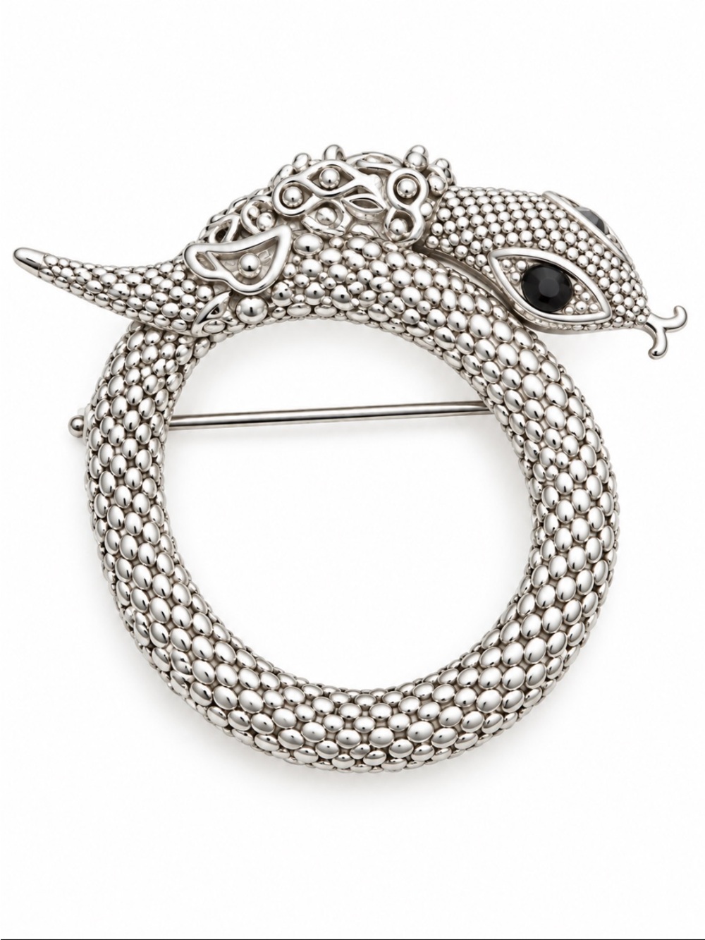 Silver-Tone Textured Snake Ouroboros Brooch with Black Eye Statement